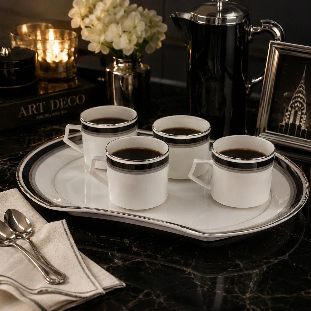 Mikasa Noir A4102 Coffee Set Platter 4 Cups Bone China Japan Vintage